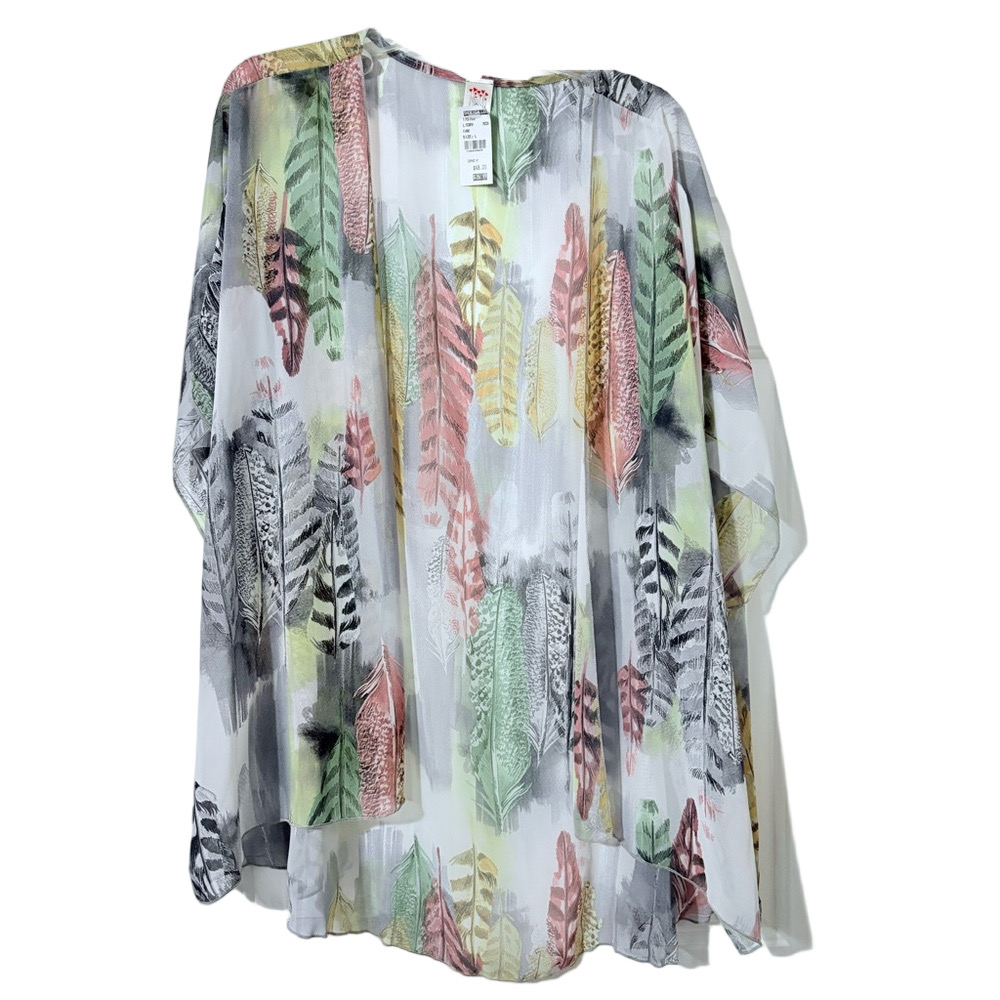 NWT Feather Print Kimono Cardigan Size L Lightweight Boho Cover Up
